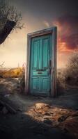 fantasía encantado hada cuento bosque con un mágico apertura secreto de madera puerta.la cuento de hadas azul puerta con cuento de hadas en paraíso. generativo ai. foto