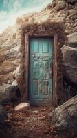 Fantasy enchanted fairy tale forest with a magical opening secret wooden door.The fairytale blue door with fairytale in paradise. . photo