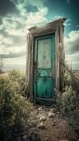 Fantasy enchanted fairy tale forest with a magical opening secret wooden door.The fairytale blue door with fairytale in paradise. . photo