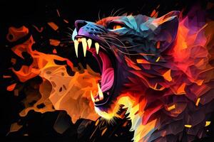 Abstract colorful polygon tiger roaring red burning face for flyer, book cover, and poster. Illustration design by . photo