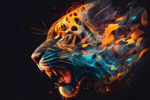 Abstract colorful polygon tiger roaring red burning face for flyer, book cover, and poster. Illustration design by . photo