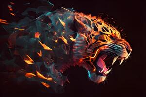 Abstract colorful polygon tiger roaring red burning face for flyer, book cover, and poster. Illustration design by . photo