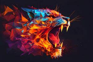 Abstract colorful polygon tiger roaring red burning face for flyer, book cover, and poster. Illustration design by . photo