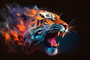 Abstract colorful polygon tiger roaring red burning face for flyer, book cover, and poster. Illustration design by . photo