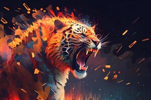 Abstract colorful polygon tiger roaring red burning face for flyer, book cover, and poster. Illustration design by . photo