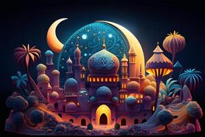 Eid Mubarak greeting fantasy card design with 3d render mosque. Illustration design by . photo