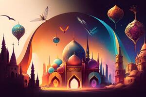 Eid Mubarak greeting fantasy card design with 3d render mosque. Illustration design by . photo