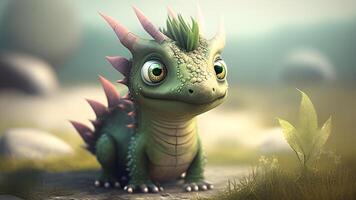 3d render illustration of a cute small dinosaur with a green earth globe. . photo