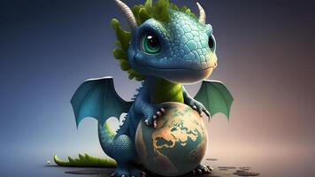 3d render illustration of a cute small dinosaur with a green earth globe. . photo