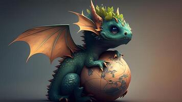 3d render illustration of a cute small dinosaur with a green earth globe. . photo