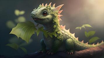 3d render illustration of a cute small dinosaur with a green earth globe. . photo