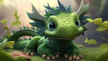 3d render illustration of a cute small dinosaur with a green earth globe. . photo