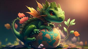 3d render illustration of a cute small dinosaur with a green earth globe. . photo