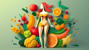 niña cuerpo con vistoso natural comida y frutas generativo ai. foto