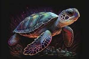 Turtle portrait in neon colors. . photo