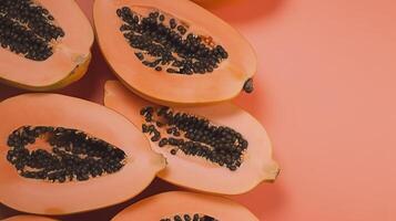 Banner with papaya. Copy space, top view, summer background. . photo