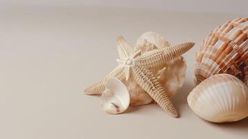 Banner with seashells. Copy space, top view, summer background. . photo