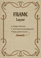 Vintage frame with set of design elements. Rope pattern brush, beige jute textile texture behind. Vintage style. Modifiable template for menu, poster, invitation etc vector