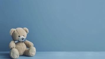 Banner with teddy bear. Copy space, festive background. . photo