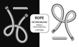 Set of 4 vector rope pattern brushes with 2 different styles of ends. Black and white. Vintage detailed style.