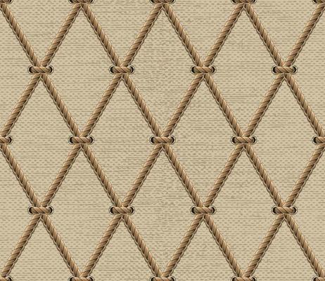 Seamless geometric pattern with net made of hemp rope, texture of jute fabric behind. Rhombus grid. Vintage style.