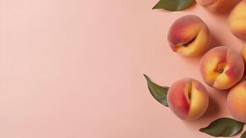 Banner with peaches. Copy space, top view, summer background. . photo