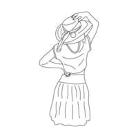 Slender girl in a hat looks ahead. Vector contour