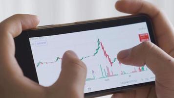 valores mercado análisis datos grafico de inversión existencias. valores comerciante analizando bitcoin precio tendencia. masculino comerciante utilizando teléfono a comercio criptomoneda o analizar valores cuadro. video