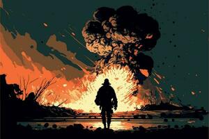 Silhouette of soldier on battlefield. Warzone. Military man on desolated area. Vector illustration
