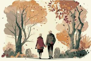 Old couple walking together in a park. Elderly love. Vector art of romance. Painting of relationship