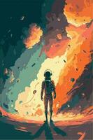 Surreal colorful space. Vector art of fantasy astronaut in space. Science fiction concept art.