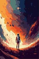 Surreal colorful space. Vector art of fantasy astronaut in space. Science fiction concept art.