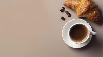 Banner with coffee mug and croissant. Copy space, background. . photo