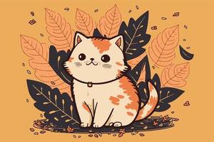 Cute adorable cartoon cat. Happy doodle of kitty. Cute graphic of kitten in nature. Summer vector