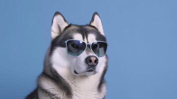 Banner with malamute in sunglasses. Copy space. . photo