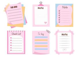 Set of cute pink memo paper sheets, sticky note, reminder, to do list.  Cool design for notebooks, planners. vector