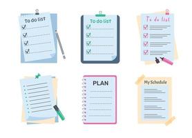 Set of planners, memo paper sheets, sticky note, reminder, to do list, pins, markers. Office schedule templates. vector