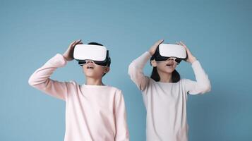 Children in virtual reality glasses. Copy space, background. . photo