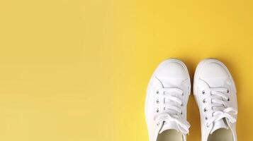 Banner with white sneakers. Copy space, background. . photo