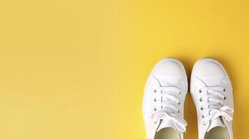 Banner with white sneakers. Copy space, background. . photo