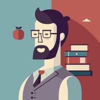 closeup of male teacher with beard glasses books and apple vector