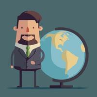 man in a suit next to a globe of the planet earth vector