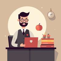 Teachers day teacher sitting at desk with laptop books apple and clock vector