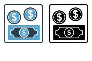 Money icon illustration. dollar banknote and coins. icon related to business. Solid icon style. Simple vector design editable