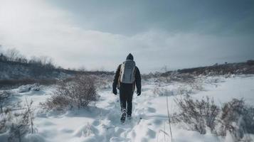 Hiker with backpack walking on snowy trail in winter mountains. Travel and adventure concept.Winter landscape photo