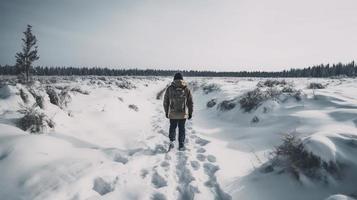 Hiker with backpack walking on snowy trail in winter mountains. Travel and adventure concept.Winter landscape photo