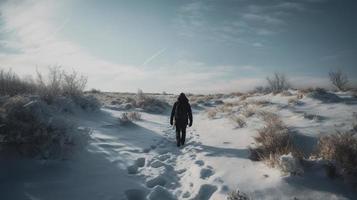 Hiker with backpack walking on snowy trail in winter mountains. Travel and adventure concept.Winter landscape photo