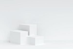 Three white square pedestal podium and white wall backdrop. White minimal wall scene for product display presentation, 3d rendering photo