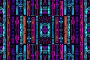 Ethnic ikat egyptian hieroglyphs pattern glow in the dark background. Abstract traditional folk antique tribal graphic line ornate elegant luxury. Texture textile fabric egyptian patterns vector. vector