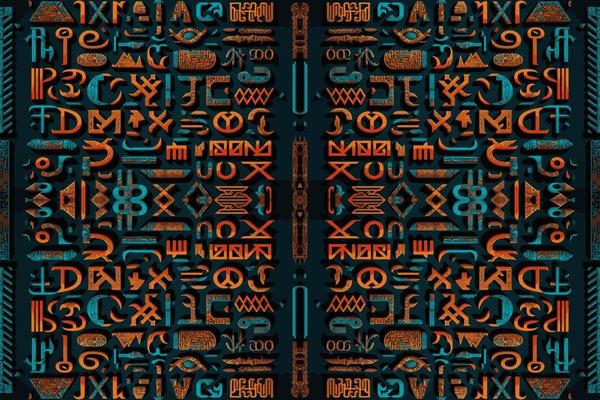Egyptian hieroglyphs alphabet pattern golden background. Abstract traditional folk antique tribal ethnic Egypt graphic line. Ornate elegant luxury vintage retro style for texture textile fabric tile.
